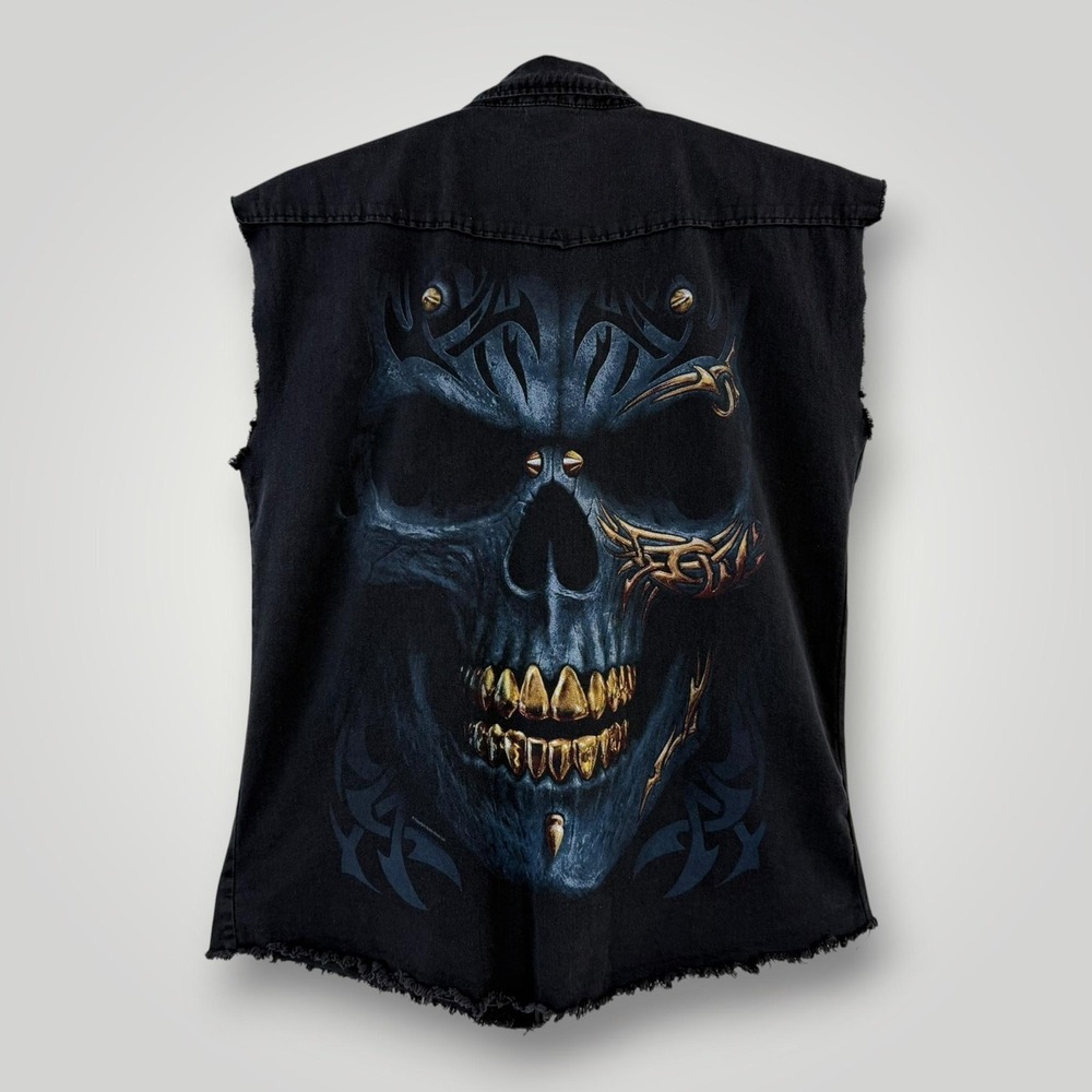 Spiral Denim Shirt Mens 2XL Black Sleeveless Skull Snap Button Gothic Biker